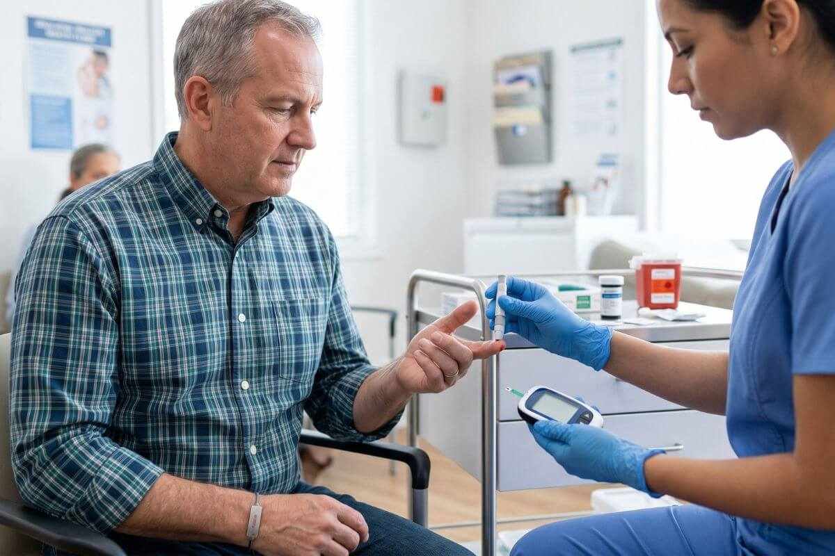 A nurse checks a man's blood sugar with a glucometer in a medical office