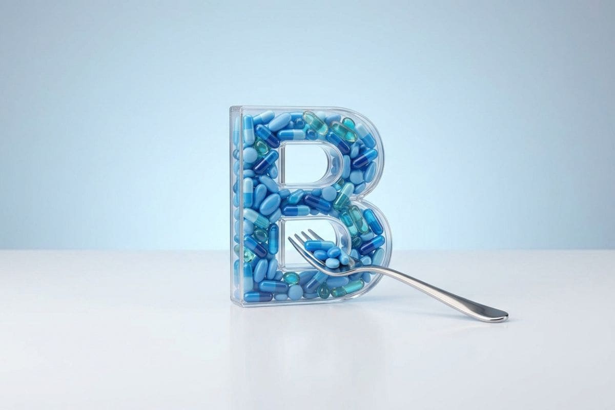 A transparent letter “B” container is filled with various blue-tinted vitamin B1 capsules, with a fork resting against it on a white surface and a light blue background.