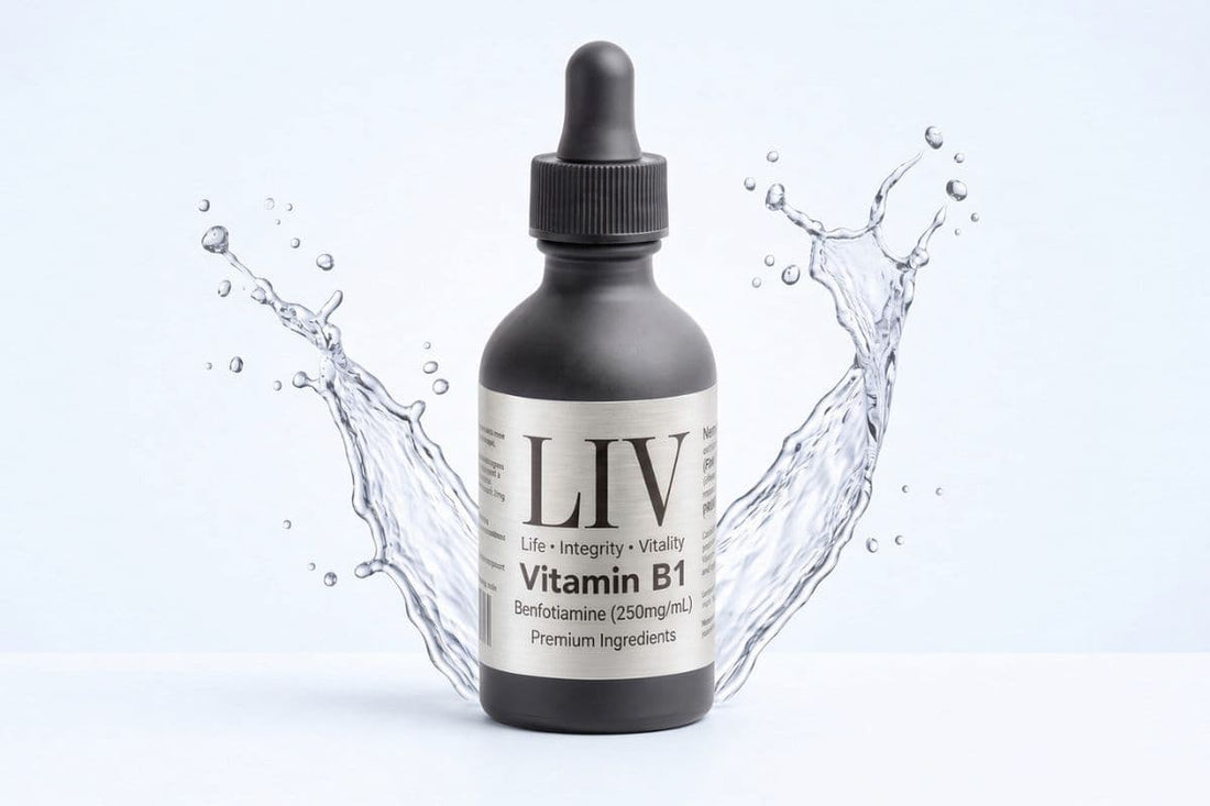 A bottle of LIV’s benfotiamine b1 lays against a pale blue background, framed by clear water splashes