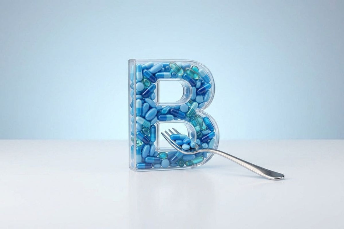 A transparent letter “B” container is filled with various blue-tinted vitamin B1 capsules, with a fork resting against it on a white surface and a light blue background.