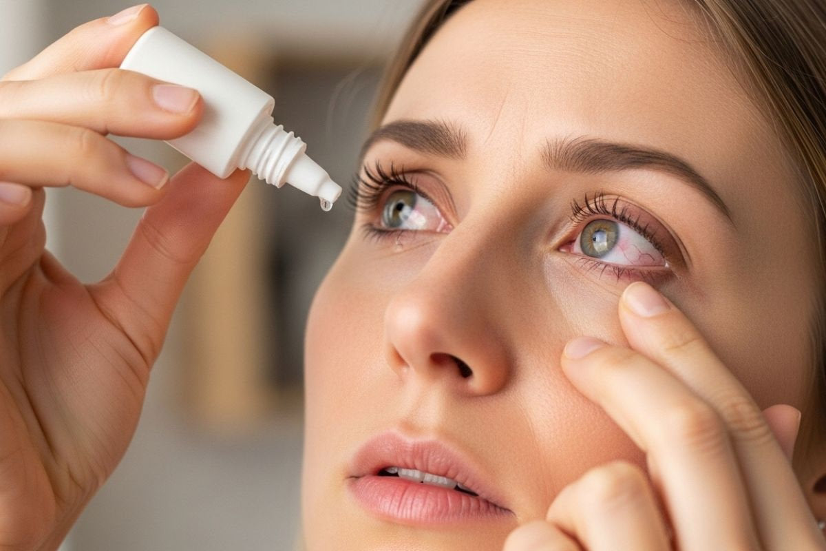 A woman tilting her head back to apply eye drops to compare them to methylene blue for dry eye disease treatment