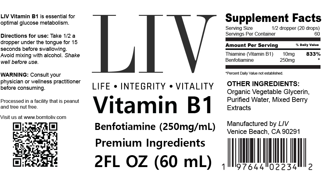 Vitamin B1 Thiamine Liquid Metabolic Booster (Benfotiamine 250mg, 60 servings)