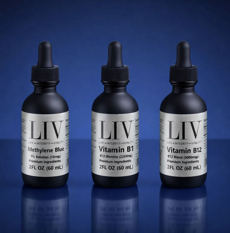 Three dropper bottles for LIV Methylene Blue, Vitamin B1, and Vitamin B12